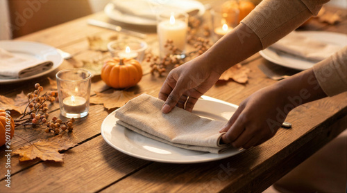 Afro American person setting a linen napkin on a rustic Thanksgiving table with candles, pumpkins, berries and autumn leaves. Warm lifestyle concept for hospitality, menu, blog and social media.