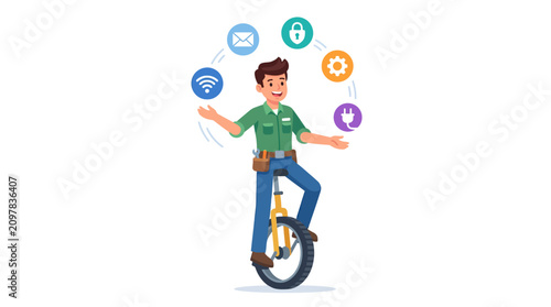 Skilled technician juggling digital service icons while riding a unicycle for multitasking concept flat design vector illustration
