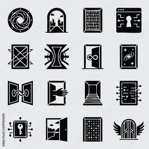 Collection of conceptual portal and gateway icons for digital environments with abstract dimension technology interface imagination connection structure infinite stairway protection security
