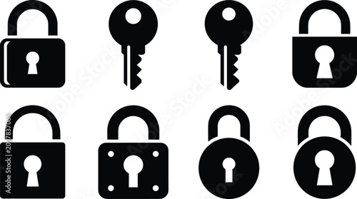 Padlock and key silhouette icon set, security access vector art, antique hardware graphic design, protection symbol illustration