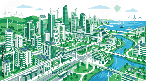 Sustainable green city vector illustration featuring modern eco friendly buildings renewable energy wind turbines and efficient public transportation infrastructure systems