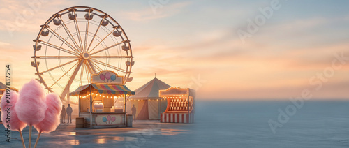 Nostalgic state fair sunset with ferris wheel, cotton candy stand and wide copy space
