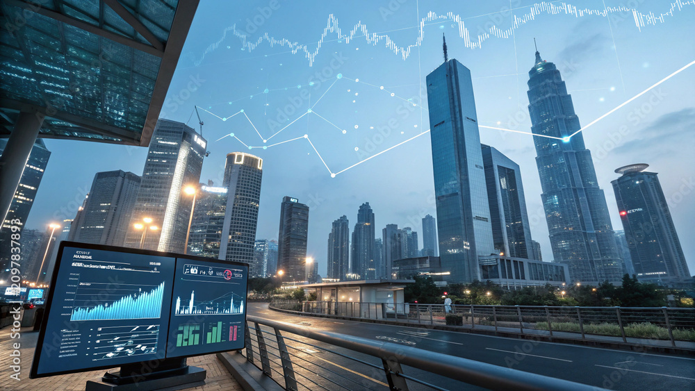 Obraz premium City skyline with skyscrapers and financial data overlay, showcasing urban development and economic growth