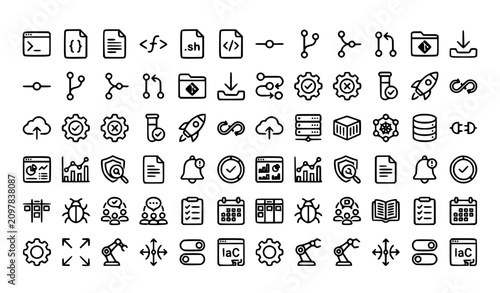 Photography DevOps Workflow and Coding Outline Icons Editable Stroke Vector Set