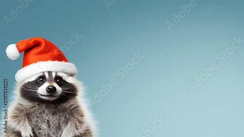 Adorable raccoon wearing santa hat, celebrating christmas on a plain blue background with copy space for your text