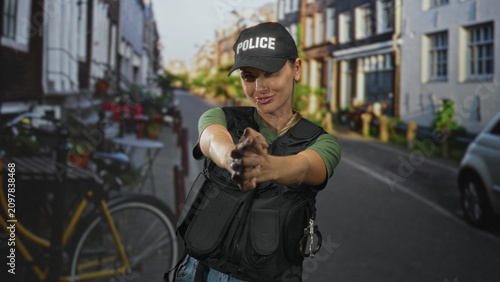 Принти на полотні Woman police officer shushing with finger to lips on a street, wearing tactical vest and visible handcuffs; hush seriousness