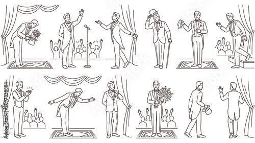 Quadro su tela Set of men in tuxedo on stage performing various show acts in line art style