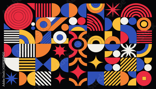 Abstract geometric pattern with bold shapes and colors on black background