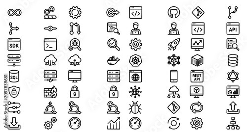 Photography DevOps Methodology and Software Development Outline Icon Set with CI CD Pipeline