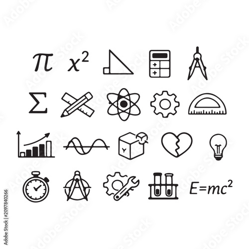 Mathematics and Science Outline Icon Set with Geometry, Algebra, Physics, Chemistry, Engineering, Education, Laboratory and STEM Line Vector CollectionMathematics and Science Outline Icon Set with Geo