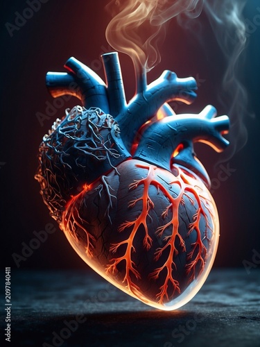 Abstract 3d illustration of human heart with glowing red veins and smoke