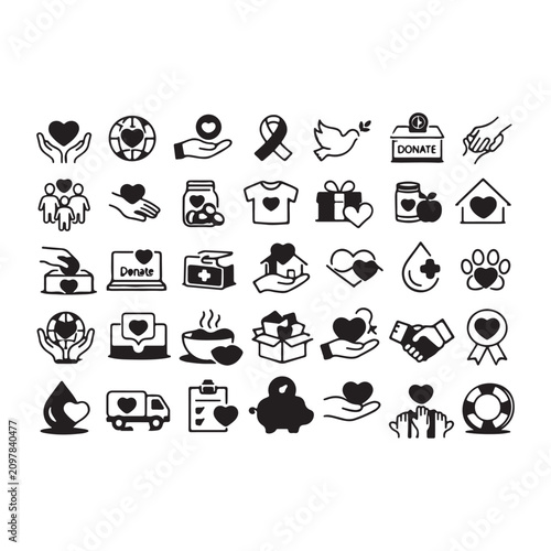 Charity and Humanitarian Solid Icon Set with Donation, Volunteer, Community Support, Healthcare, Love, Kindness, Family Care, Social Welfare and Nonprofit Glyph Vector Collection