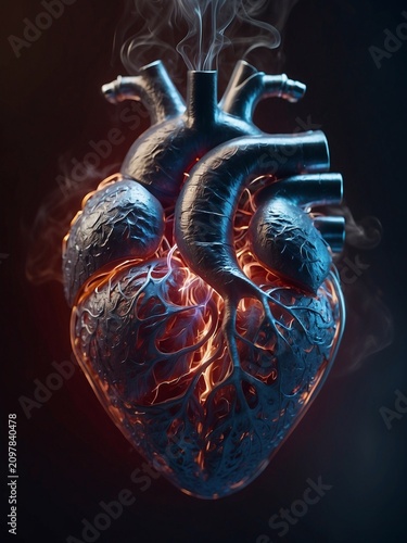 Abstract 3d illustration of human heart with glowing red veins and smoke. Concept of the future.