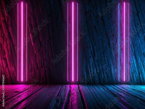 Abstract neon background with pink and blue vertical light lines on textured wall.
