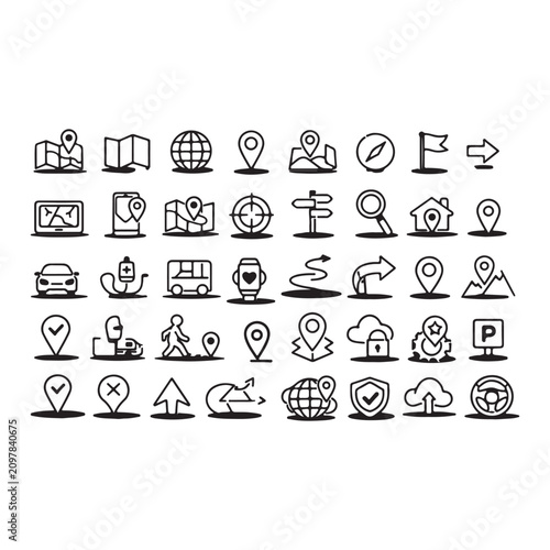 Travel and Navigation Outline Icon Set with Map, GPS Location, Route, Compass, Transportation, Tourism, Parking, Hiking, Camping and Journey Line Vector Collection