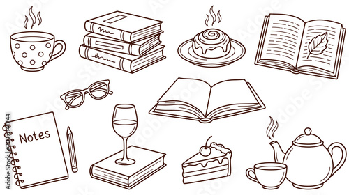 Cozy reading lifestyle doodles with books coffee cake and spectacles.