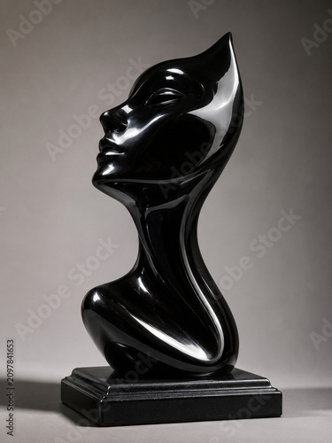 Modern glossy black abstract female bust sculpture on pedestal