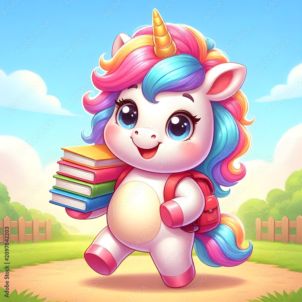 Naklejka premium Cute Unicorn Student Carrying Books Cartoon Character Illustration