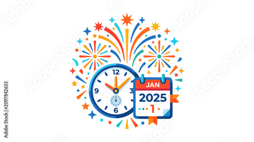 Принти на полотні Colorful vector illustration featuring a ticking analog wall clock and a January