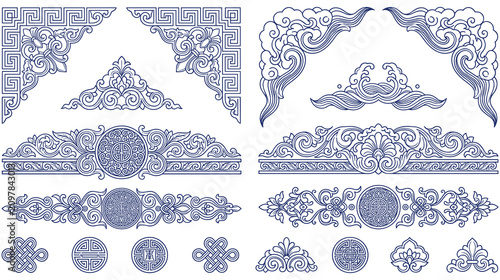 Traditional chinese blue ornaments with clouds knots and lotus icons.