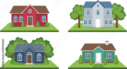 Modern Residential House and Cottage Icon Set Featuring Exterior Architecture Front View Facades with Green Yards and Trees for Real Estate Graphic Designs