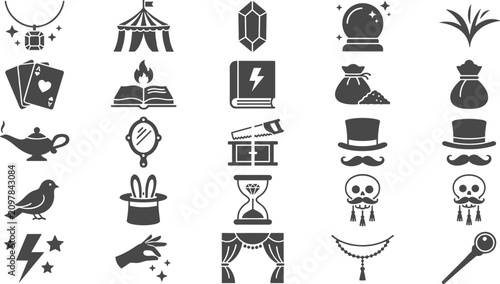 Magic and Illusion Show Black Glyph Icon Set Featuring Magician Top Hat Playing Cards Crystal Ball Spell Book and Circus Tent Vector Symbols
