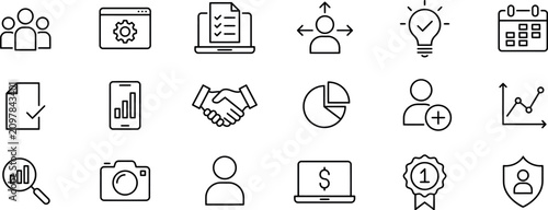 Business productivity icons. Line pictogram collection for teamwork, project management, analytics, communication, financial planning, innovation, collaboration, workflow, user interface, web 