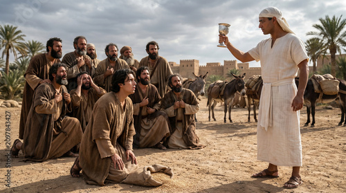 Biblical scene, sorrowful brothers reacting to Joseph’s steward holding silver cup in desert background. Joseph's brothers find the cup in Benjamin's sack.