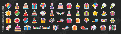 Obraz na płótnie Set of colorful birthday party stickers featuring cakes gifts balloons decorativ