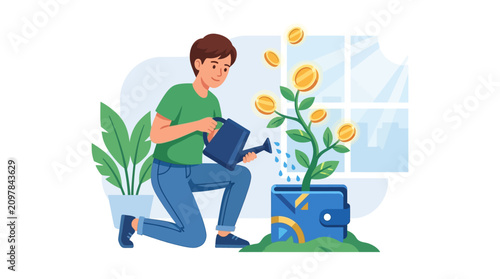 Young man watering a money plant growing from a wallet for financial growth concept flat vector illustration.