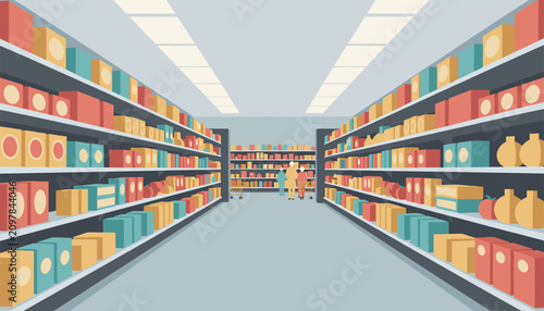 Photos Supermarket aisle with shelves full of products vector illustration