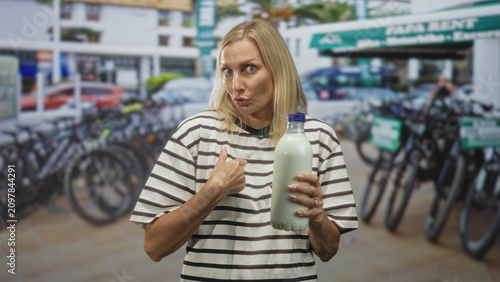 Foto Woman points finger to milk bottle while holding it in hand before a street storefront lined with parked bicycles and pavement; surprise curiosity