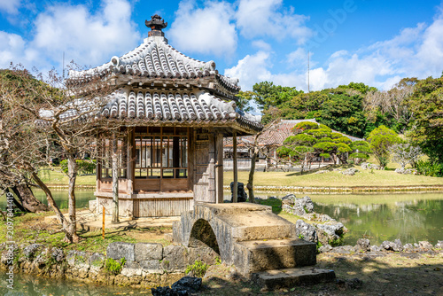Beautiful pavilion and lake view in Shikinaen garden in Naha Okinawa Japan