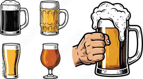 Foto Vintage Engraved Beer Glass and Mug Icon Set Featuring Hand Holding Foamy Pint S