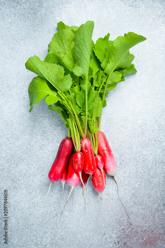 ripe red radishes on a gray concrete background. Close up.