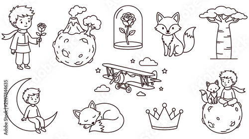 The little prince character and fairytale elements line art set pack.