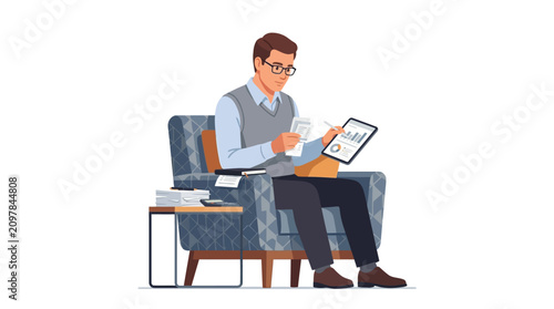 Male accountant reviewing receipts and analyzing financial charts on tablet in armchair flat vector illustration.