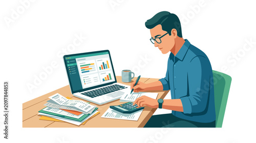Professional accountant calculating financial reports and analyzing data on laptop flat vector illustration.