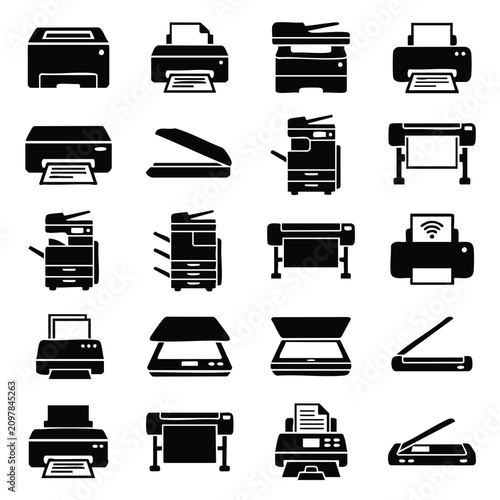 Konstfotografi Set of office printer and scanner icons with photocopier equipment technology do