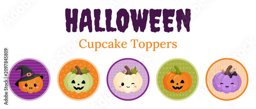 Spooky Halloween  set of cupcake toppers with pumpkins on white background. Cute stickers with pumpkins  with faces. Halloween icon collection. Design element for party, food,decorations. Vector