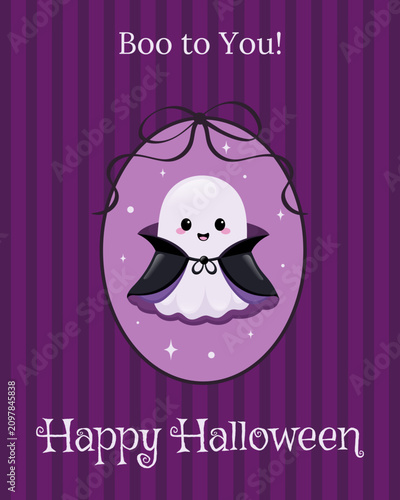 Cute postcard for Halloween with ghost and text in flat style. Adorable poster with ghost in vampire costume in violet colours. Stripped wallpapper and retro frame.Vintage style. Vector illustration. 