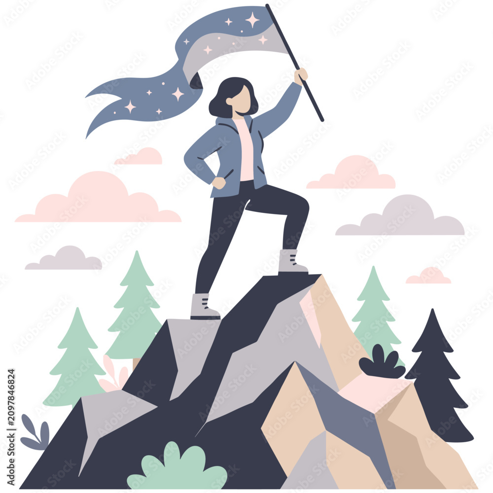 Fototapeta premium Female hiker on mountain peak holding starry flag representing success.