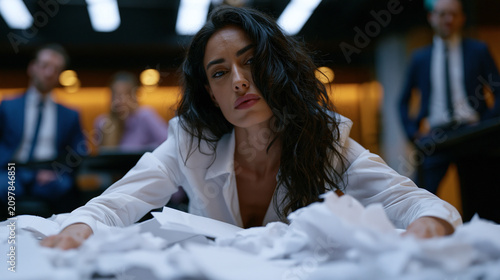 Young professional dropping a folder of work before a board presentation, scattering papers across a conference room floor, colleagues watching, her face a study in mortification and recovery, depic
