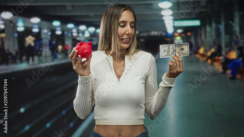 фотографія Woman holding a red piggybank in one hand and a us dollar banknote in the other at a train station; financial uncertainty