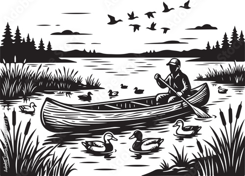 Vintage woodcut canoe illustration, man paddling boat on lake with ducks, rustic wilderness landscape vector art