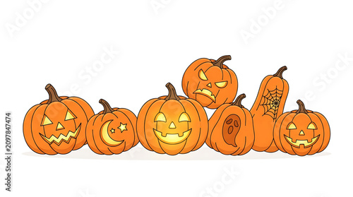 A vector graphic illustration of a group of carved jack-o-lanterns in various Halloween-themed designs
