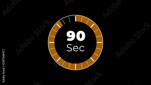 90 second countdown timer stopwatch icon animation. Analog clock timer 90 sec countdown icon with circle loop animation on black background and alpha channel motion graphic.