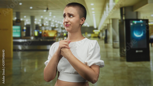 Obraz na płótnie Woman with short hair clasping hands at chest in a pleading gesture in airport terminal near baggage carousel and digital kiosk, cropped white top visible; anxiety