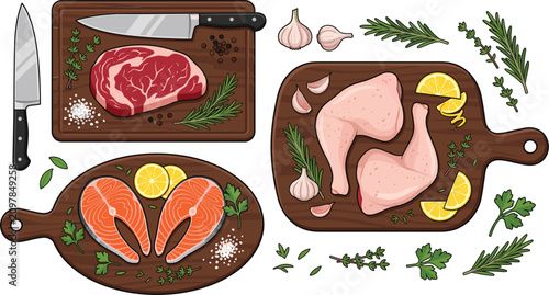 Obraz na płótnie Fresh butchery ingredients vector illustration collection featuring raw beef chi