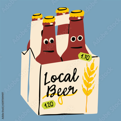 Pack of beer bottles with eyes. Cute Beer characters. Pub, brewery, bar menu concept. Hand drawn trendy Vector illustration. Isolated design element. Logo, sticker template